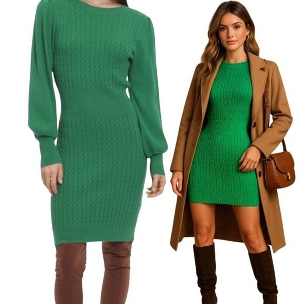 DONNA MORGAN Cable Knit Midi Sweater Dress Green Dolman Sleeve Lagenlook Classic